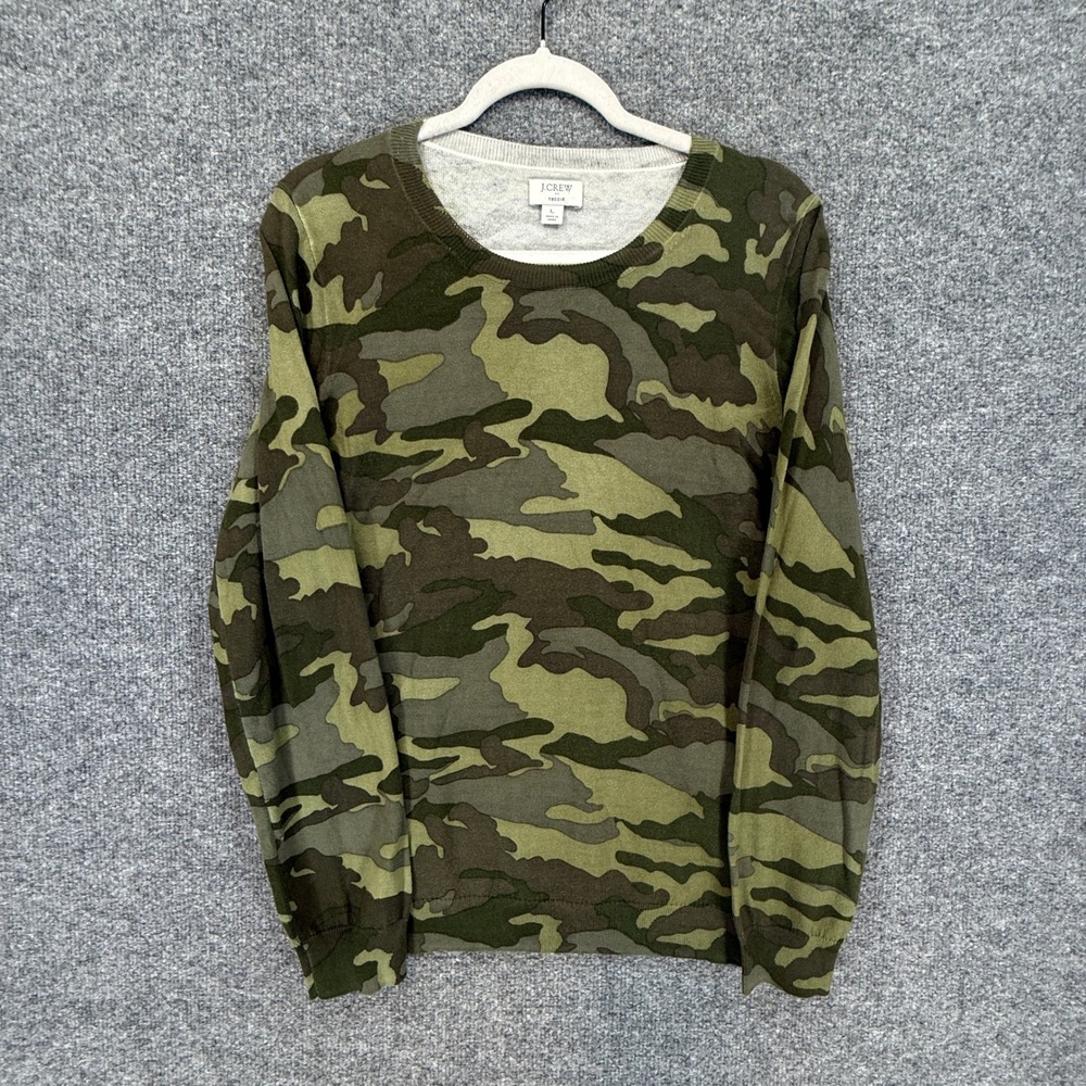 J.Crew Teddie Sweater Women Large Green Camo Crew Neck Cotton Pullover